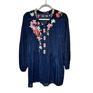 Johnny Was Women Floral Embroidered Long Sleeve Tunic Blouse Navy Blue Medium